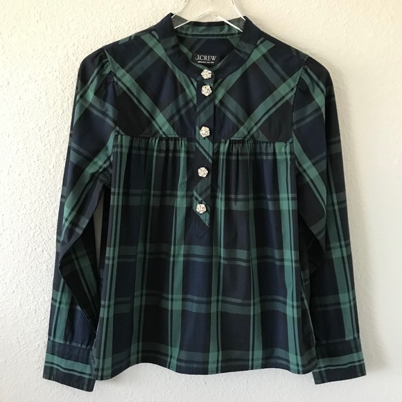J Crew Fresco Plaid Jewel Button Long Sleeve Top S Black Watch Tartan Holiday - Picture 1 of 8